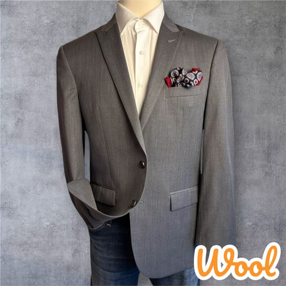 EGARA Slim Fit Mens 44R Gray Wool Blazer Sport Coat Two Button Jacket Suits - Picture 1 of 12